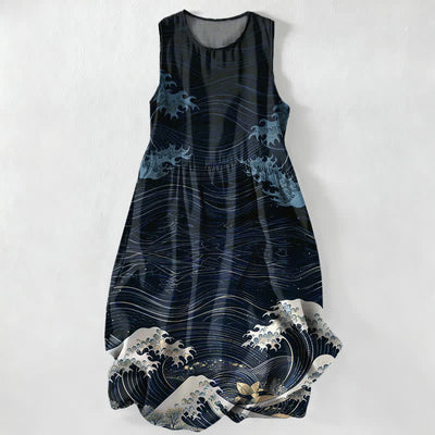 Buddha Stones Summer Casual Ukiyoe Ocean Waves Pattern Women's Summer Sleeveless Midi Dress With Pockets - Navy - US16，UK/AU20，EU48 (3XL) - image 4