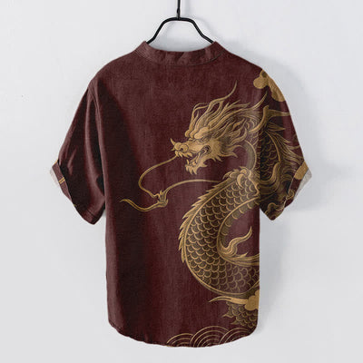 Buddha Stones Cotton Golden Dragon Pattern Men's Short Sleeve Half Button Shirt - image 6
