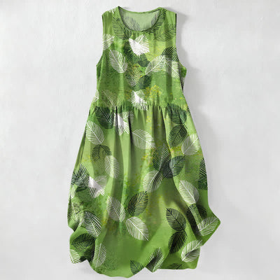 Buddha Stones Summer Casual Tropical Leaves Pattern Women's Summer Sleeveless Midi Dress With Pockets - YellowGreen - US16，UK/AU20，EU48 (3XL) - image 0
