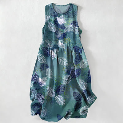 Buddha Stones Summer Casual Tropical Leaves Pattern Women's Summer Sleeveless Midi Dress With Pockets - Teal - US16，UK/AU20，EU48 (3XL) - image 4