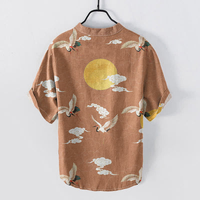 Buddha Stones Cotton Crane Cloud Sun Pattern Men's Short Sleeve Half Button Shirt - image 4