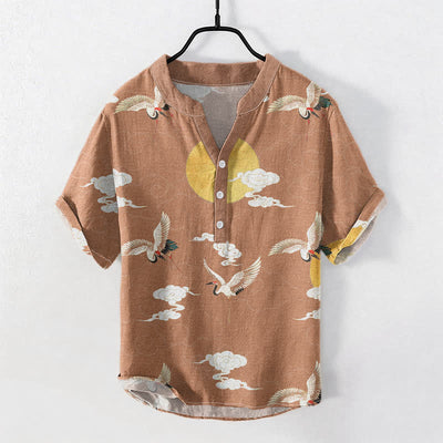 Buddha Stones Cotton Crane Cloud Sun Pattern Men's Short Sleeve Half Button Shirt - SandyBrown - US/UK/AU50，EU60 (5XL) - image 3