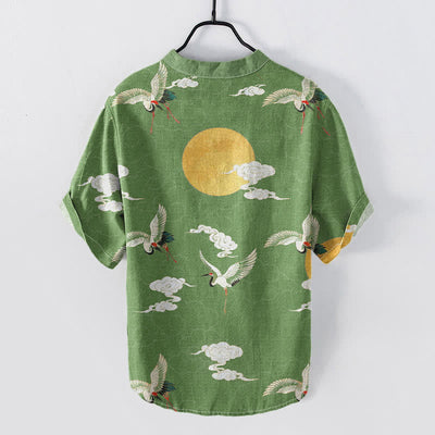 Buddha Stones Cotton Crane Cloud Sun Pattern Men's Short Sleeve Half Button Shirt - image 6