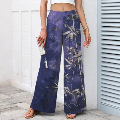 Buddha Stones Cotton Linen Golden Bamboo Pattern Women's Elastic Waist Wide Leg Pants With Pockets - image 6