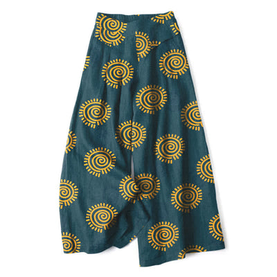 Buddha Stones Cotton Linen Sun Spiral Pattern Women's Elastic Waist Wide Leg Pants With Pockets - Teal - US16，UK/AU20，EU48 (3XL) - image 5