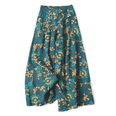 Buddha Stones Cotton Linen Turquoise Vine Floral Pattern Women's Elastic Waist Wide Leg Pants With Pockets - Teal - US16，UK/AU20，EU48 (3XL) - image 7