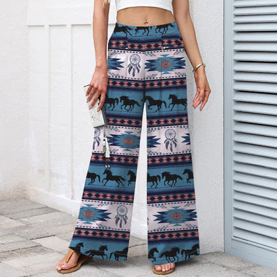 Buddha Stones Cotton Linen Horse Dreamcatcher Pattern Women's Elastic Waist Wide Leg Pants With Pockets - image 6