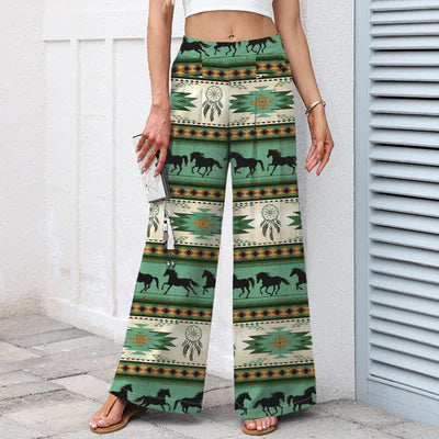 Buddha Stones Cotton Linen Horse Dreamcatcher Pattern Women's Elastic Waist Wide Leg Pants With Pockets - image 8