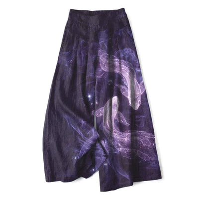 Buddha Stones Cotton Linen Mystic Fish Pattern Women's Elastic Waist Wide Leg Pants With Pockets - Indigo - US16，UK/AU20，EU48 (3XL) - image 5