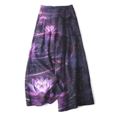 Buddha Stones Cotton Linen Lotus Galaxy Pattern Women's Elastic Waist Wide Leg Pants With Pockets - Indigo - US16，UK/AU20，EU48 (3XL) - image 0