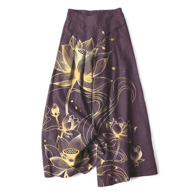 Buddha Stones Cotton Linen Golden Lotus Pattern Women's Elastic Waist Wide Leg Pants With Pockets - Purple - US16，UK/AU20，EU48 (3XL) - image 5