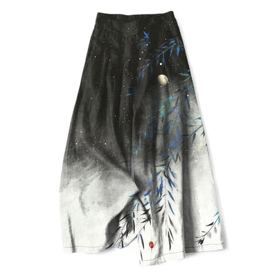 Buddha Stones Cotton Linen Moonlit Bamboo Pattern Women's Elastic Waist Wide Leg Pants With Pockets - Black - US16，UK/AU20，EU48 (3XL) - image 0