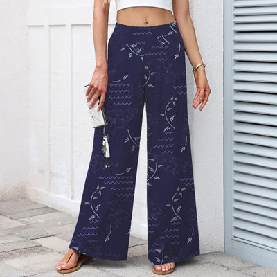 Buddha Stones Cotton Linen Botanical Wave Pattern Women's Elastic Waist Wide Leg Pants With Pockets - image 1