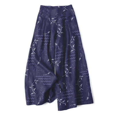 Buddha Stones Cotton Linen Botanical Wave Pattern Women's Elastic Waist Wide Leg Pants With Pockets - Navy - US16，UK/AU20，EU48 (3XL) - image 0
