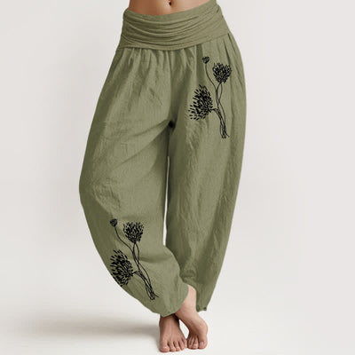 Buddha Stones Pure Cotton Botanical Pattern Women's Elastic Waist Harem Pants - OliveDrab - US16，UK/AU20，EU48 (3XL) - image 14