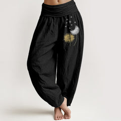 Buddha Stones Pure Cotton Dandelion Bloom Pattern Women's Elastic Waist Harem Pants - Black - US16，UK/AU20，EU48 (3XL) - image 0