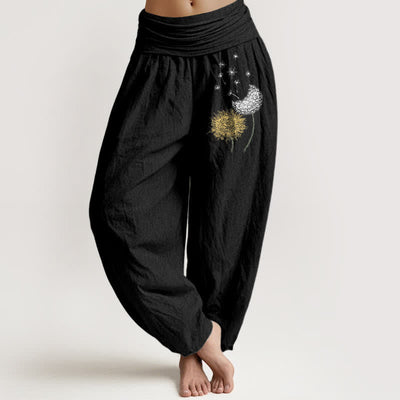Buddha Stones Pure Cotton Dandelion Bloom Pattern Women's Elastic Waist Harem Pants - Black - US16，UK/AU20，EU48 (3XL) - image 0