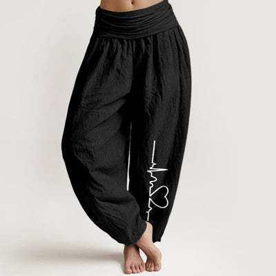 Buddha Stones Pure Cotton Heartbeat Heart Pattern Women's Elastic Waist Harem Pants - Black - US16，UK/AU20，EU48 (3XL) - image 5