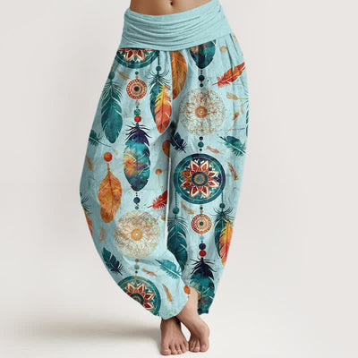 Buddha Stones Pure Cotton Dreamcatcher Feather Pattern Women's Elastic Waist Harem Pants - Turquoise - US16，UK/AU20，EU48 (3XL) - image 5