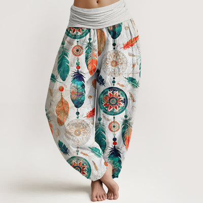 Buddha Stones Pure Cotton Dreamcatcher Feather Pattern Women's Elastic Waist Harem Pants - White - US16，UK/AU20，EU48 (3XL) - image 8
