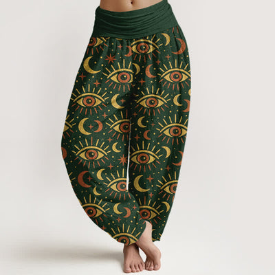 Buddha Stones Cotton Mystic Eye Moon Pattern Women's Elastic Waist Harem Pants - DarkGreen - US16，UK/AU20，EU48 (3XL) - image 0