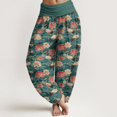 Buddha Stones Cotton Lotus Crane Pattern Women's Elastic Waist Harem Pants - Teal - US16，UK/AU20，EU48 (3XL) - image 0