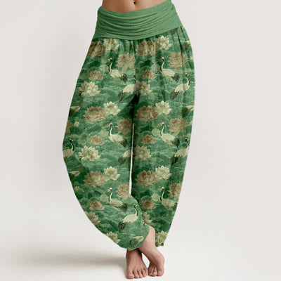 Buddha Stones Cotton Lotus Crane Pattern Women's Elastic Waist Harem Pants - MediumSeaGreen - US16，UK/AU20，EU48 (3XL) - image 8