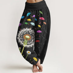 Buddha Stones Pure Cotton Dandelion Bloom Pattern Women's Elastic Waist Harem Pants - Black - US16，UK/AU20，EU48 (3XL) - image 0