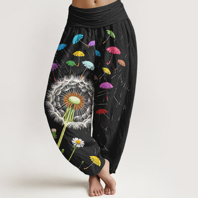 Buddha Stones Pure Cotton Dandelion Bloom Pattern Women's Elastic Waist Harem Pants - Black - US16，UK/AU20，EU48 (3XL) - image 0