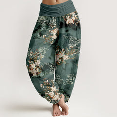 Buddha Stones Pure Cotton Floral Cloud Pattern Women's Elastic Waist Harem Pants - Teal - US16，UK/AU20，EU48 (3XL) - image 0