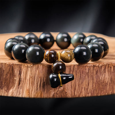Buddha Stones Rainbow Obsidian Gourd Protection Vintage Chinese Bracelet - 14mm Rainbow Obsidian(Color Shifts in Light) - image 22