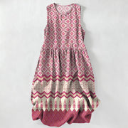 Foviel Summer Casual Bohemian Geometric Floral Pattern Women's Summer Sleeveless Midi Dress With Pockets