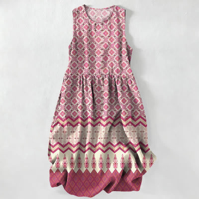 Buddha Stones Summer Casual Bohemian Geometric Floral Pattern Women's Summer Sleeveless Midi Dress With Pockets - Pink - US16，UK/AU20，EU48 (3XL) - image 0