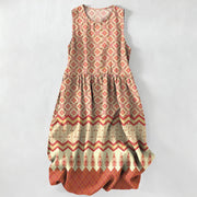 Foviel Sommer Casual Bohemian Geometrische Blumenmuster Damen Sommer Ärmellos Midi-Kleid mit Taschen