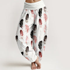 Buddha Stones Pure Cotton Feather Pattern Women's Elastic Waist Harem Pants - White - US16，UK/AU20，EU48 (3XL) - image 0