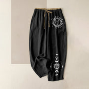 Pantalon Foviel pour femme en pur coton avec motif céleste soleil, lune et étoiles, taille élastique et poches