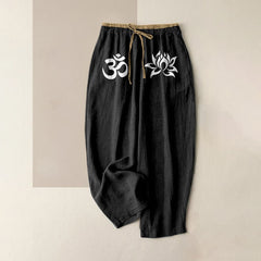 Buddha Stones Pure Cotton White OM And Lotus Pattern Women's Elastic Waist Pants With Pockets - Black - US16，UK/AU20，EU48 (3XL) - image 0