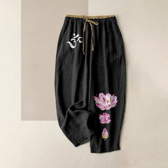 Buddha Stones Pure Cotton OM Pink Lotus Pattern Women's Elastic Waist Pants With Pockets - Black - US16，UK/AU20，EU48 (3XL) - image 0
