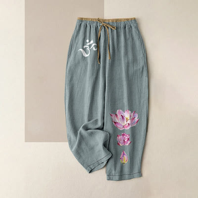 Buddha Stones Pure Cotton OM Pink Lotus Pattern Women's Elastic Waist Pants With Pockets - CadetBlue - US16，UK/AU20，EU48 (3XL) - image 4