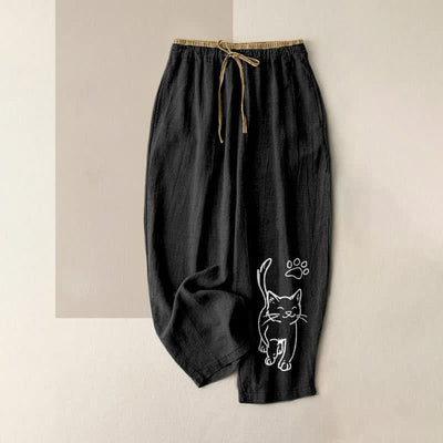 Buddha Stones Pure Cotton Whimsical Cat Pattern Women's Elastic Waist Pants With Pockets - Black - US16，UK/AU20，EU48 (3XL) - image 0