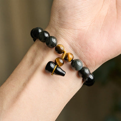 Buddha Stones Rainbow Obsidian Gourd Protection Vintage Chinese Bracelet - image 15