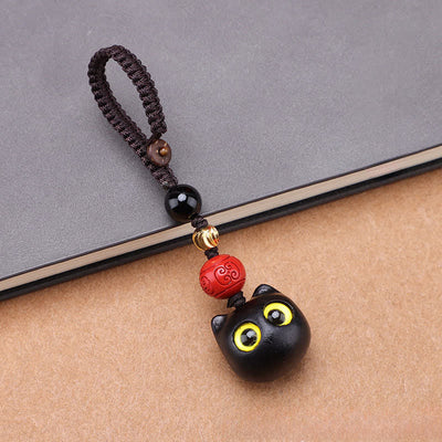 Buddha Stones Ebony Wood Cute Cat Grounding Hand Carved Peace Keychains - Small Cat Braided Rope - image 6