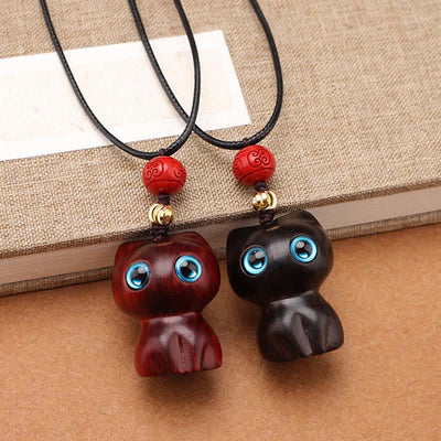 Buddha Stones Ebony Wood Red Sandalwood Cute Cat Calm Necklace - image 13