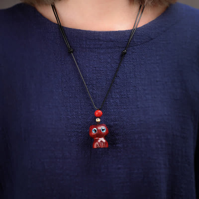 Buddha Stones Ebony Wood Red Sandalwood Cute Cat Calm Necklace - image 9
