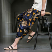 Foviel Summer Casual Boho Floral Capri Pants Men's Tapered Pants With Pockets
