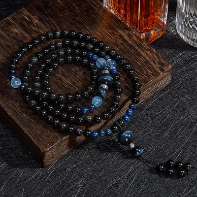 Buddha Stones Black Obsidian Protection Handcrafted Round Tassel 108 Bead Mala - Black Obsidian(Protection ♥ Grounding) - image 0