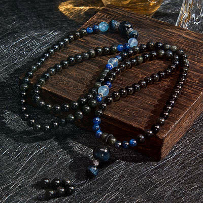 Buddha Stones Black Obsidian Protection Handcrafted Round Tassel 108 Bead Mala - image 1