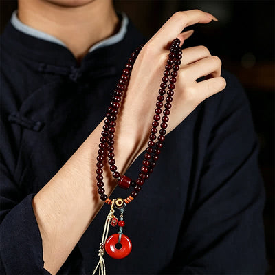 Buddha Stones Red Sandalwood Peace Buckle Protection Hand-Woven 108 Bead Mala - image 9