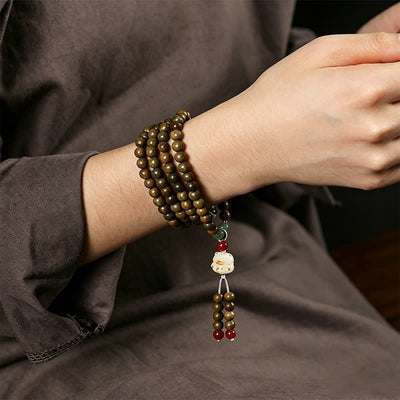 Buddha Stones Green Sandalwood Serenity Hand-Woven Cat Charm Retro Ethnic Mala - image 8