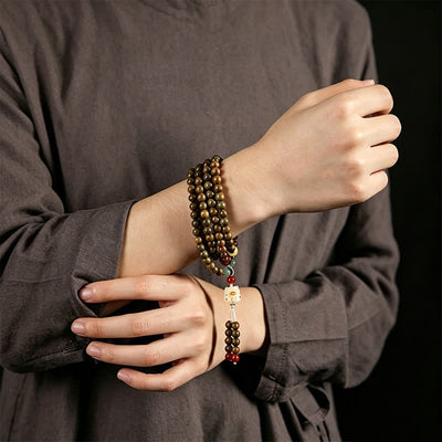 Buddha Stones Green Sandalwood Serenity Hand-Woven Cat Charm Retro Ethnic Mala - image 9